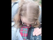 Preview 6 of Bbw blonde in glasses blowjob during picnic on nature trail outdoor in public