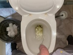 Pissing without hands in an office public toilet from an uncut penis. POV 4K