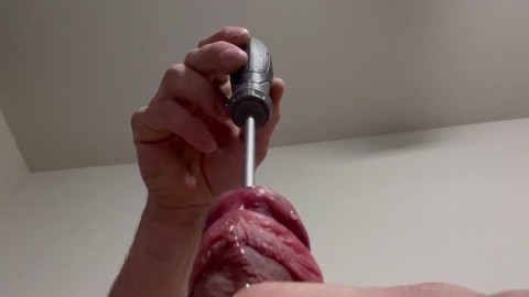 Inserting screwdriver in my big white cocks urethra