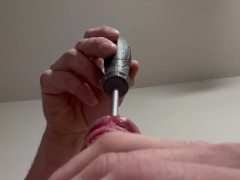 Inserting screwdriver in my big white cocks urethra