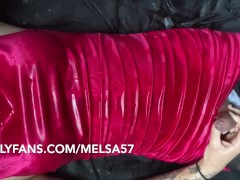 Transgirl bed wetting, drenched in piss wearing satin dress