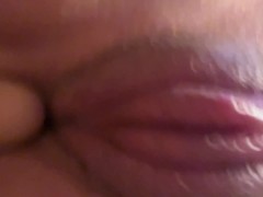 Pumped pussy riding dildo - close up