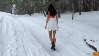 A French girl sucks a big cock in the snow and swallows all the cum - Oral Creampie