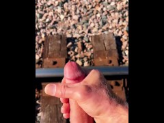 Exhibitionist Fit Guy Masturbating Big Cock in Public On Train Tracks and Cums