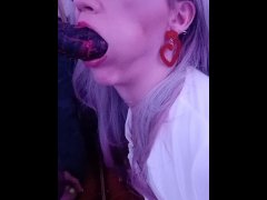  milf smokes and chokes on her dildo