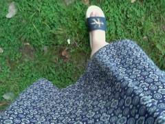 I walk in slippers in the forest. POV.