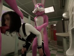 Silicon Lust double furry anal in school toilet