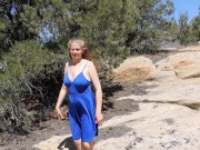 Preview 1 of Blue Dress Masturbation | Hot Mom In Dress Strips Naked