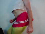 Preview 1 of Cute sexy blonde trans dancing dressed with miniskirt and lingerie while masturbate