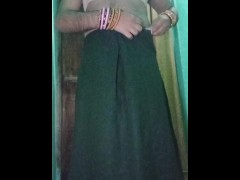 Indian gay Crossdresser Gaurisissy in Green Saree pressing her big Boobs and fingering in her ass
