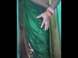 Indian Gay Crossdresser Gaurisissy in Green Saree Pressing her Big Boobs and Fingering in her Ass