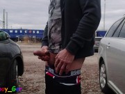 Preview 4 of I jerk my fat cock in jocks and finger my asshole in a  parking lot. But then a voyeur noticed...