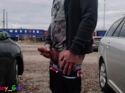 Preview 6 of I jerk my fat cock in jocks and finger my asshole in a  parking lot. But then a voyeur noticed...