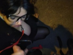 PIG SLUT big tits stepmom on leash sucking fat cock in public
