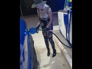 Preview 1 of The slut shows the dildo in her ass at the gas station