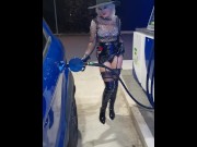 Preview 2 of The slut shows the dildo in her ass at the gas station