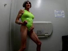 Alexandria Muscle-Slut Masturbates In Green One-Piece in Southbound Rest Area Family Room