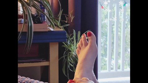 Pyjamas and Pretty Feet with Glossy Red Toes