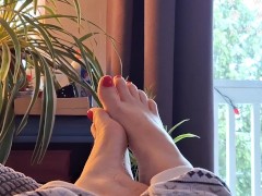 Pyjamas and Pretty Feet with Glossy Red Toes