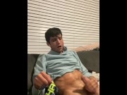 Preview 3 of Hot stud jerks off on couch