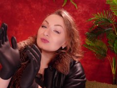 ASMR video: nitrile gloves. Beautiful erotic SFW video. Curvy MILF in leather coat with fur teasing