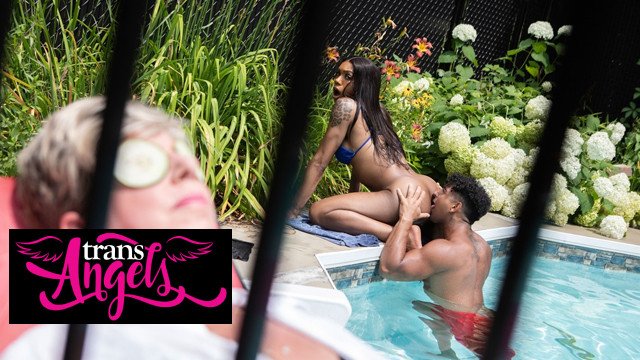 TRANSANGELS - Leilani Li relaxes by the pool in bikini and heels gets fucked by an attractive pool b