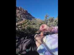 Outdoor Nut. RED rock, White COCK. Solo Male masturbation. Outside.