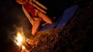Horny twink piss and cum by the campfire