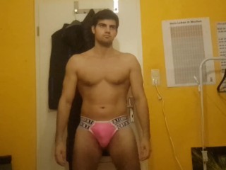 Skinny Guy Stripping in Pink Thong