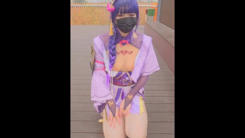 Slutty Crossdresser Cosplay As Raiden Shogun, Show Her Boob And Dick In the Public