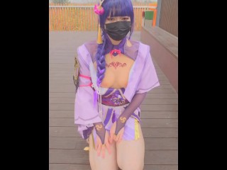 Slutty Crossdresser Cosplay as Raiden Shogun, Show her Boob and Dick in the Public