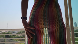 Enormous Hat And Climax Masturbation During A Hotel Balcony Adventure As A Natural Girl