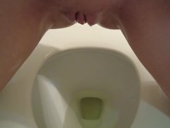 Oily Bald Pussy Dripping Pee in Toilet