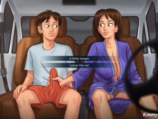 Summertime Saga Sex Scene - MILF step-mom gives stepson a hand job in her car.