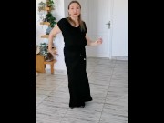 Preview 1 of Hot mature MILF shaking huge natural boobs in black stockingsa and high heels shoes