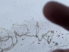 Amateur Brian public peeing pissing spelling his name in the snow