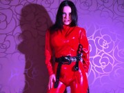 Preview 1 of Mistress Karolina in a red latex jumpsuit dominates and humiliates a guy slave