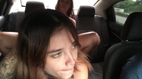 whore can't stand it and pleasures her pussy in an uber with a strap-on