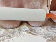 baker lady with big tits and flour on her body