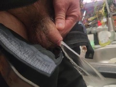 Pissing on my trousers and kitchen floor with sunset