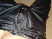 Preview 4 of Striptease and messy cum blasts onto my black leather trousers 🫣🥒💧