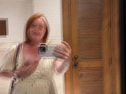Preview 5 of Shy Redhead Flashes in Public, Fingers and Nip-slips at Restaurant, Pees, Squirt Gushes on Floor