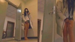 Chinese ladyboy ejaculates in the corridor while listening to the sound of the elevator