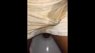 I wear petticoat I pissing on it, and masturbation loud moaning in public toilet