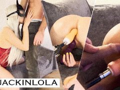 Blondie Deepthroats and tries double penetration by fuck machine & Jack | Amateur Couple JackInLola