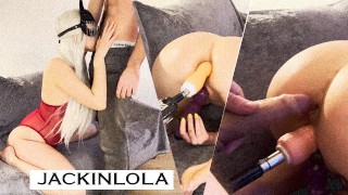 Blondie Deepthroats and tries double penetration by fuck machine & Jack | Amateur Couple JackInLola