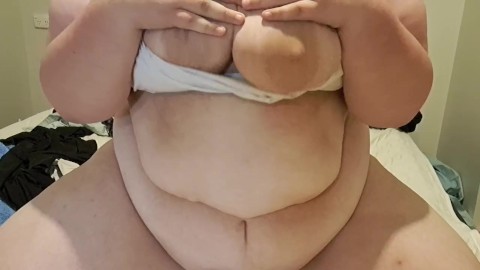 HOMEMADE BBW Slut plays with her huge tits and chubby belly