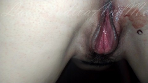 He fucks me on my period and I get a huge load on my hairy pussy! Loud moans - Big cumshot - Amateur