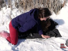 Snowy Frozen Pond Outdoor Clothed MILF Masturbation-- Beautiful Orgasm, Visible Breath