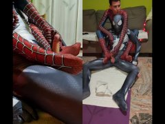 Spiderman and Venom give each other a footjob from behind